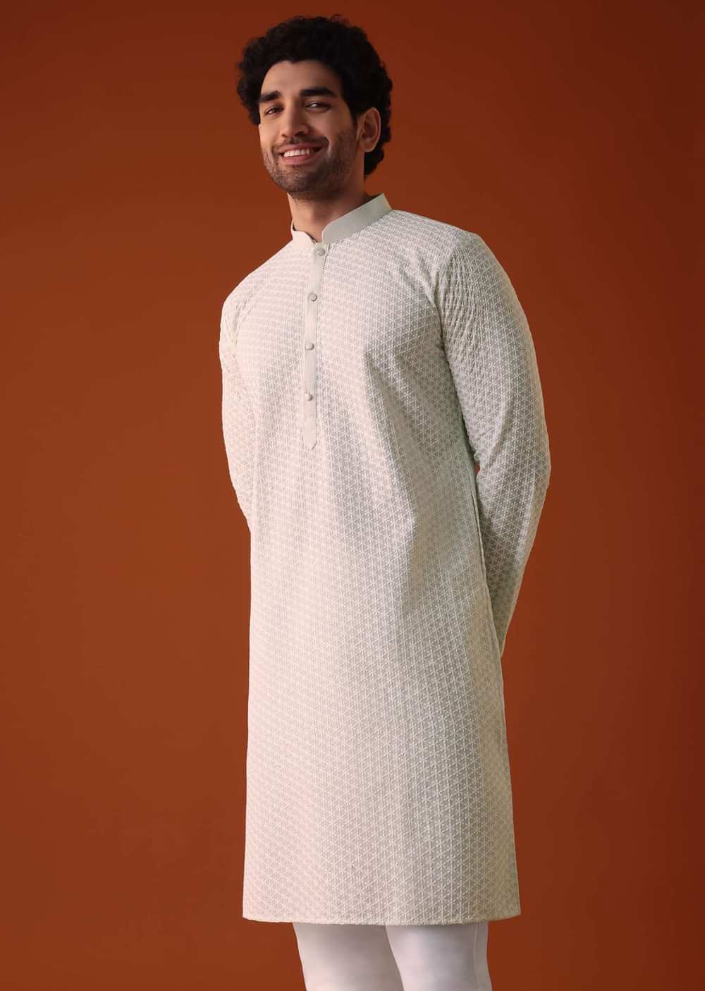 Pista Green Lucknowi Kurta And Churidar Set In Cotton