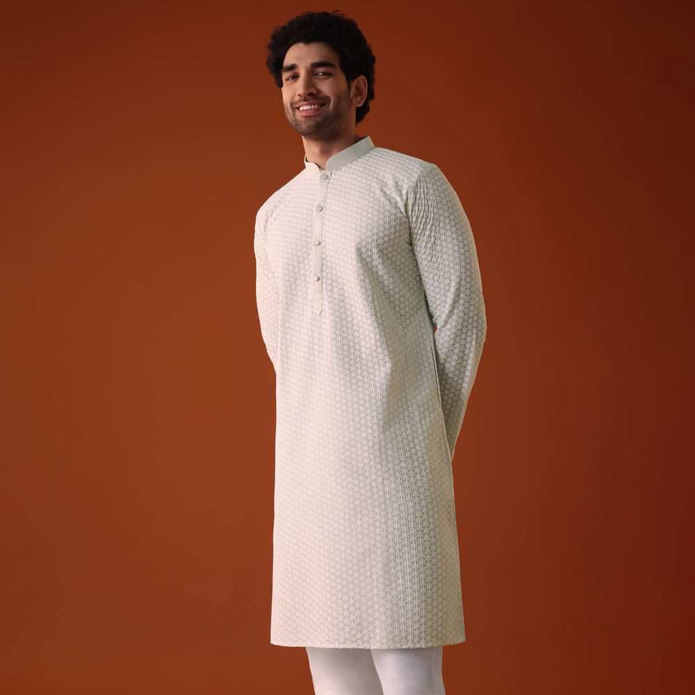 Pista Green Lucknowi Kurta And Churidar Set In Cotton