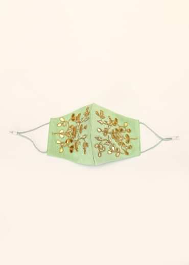 Pista Green Mask In Raw Silk With Gotta Patti And Zardosi Embroidered Floral Design
