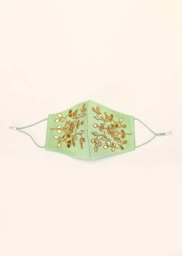 Pista Green Mask In Raw Silk With Gotta Patti And Zardosi Embroidered Floral Design