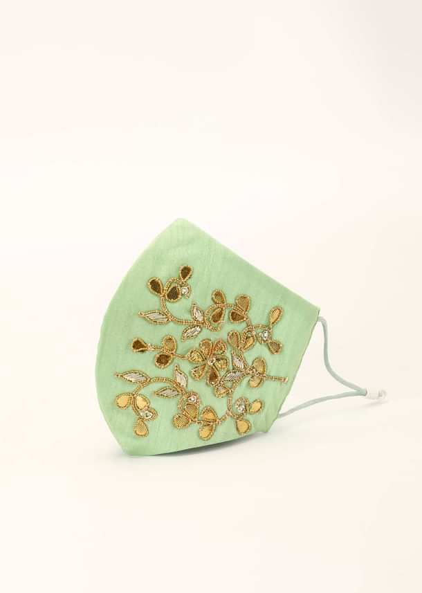 Pista Green Mask In Raw Silk With Gotta Patti And Zardosi Embroidered Floral Design
