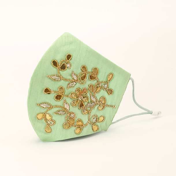 Pista Green Mask In Raw Silk With Gotta Patti And Zardosi Embroidered Floral Design