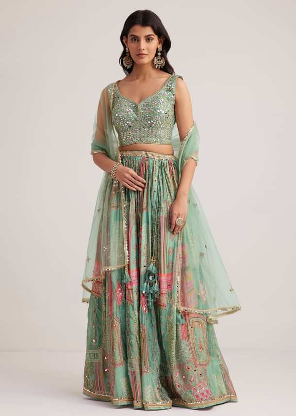 Pista Green Mirror And Zari Embroidered Lehenga Set