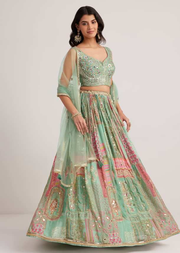 Pista Green Mirror And Zari Embroidered Lehenga Set