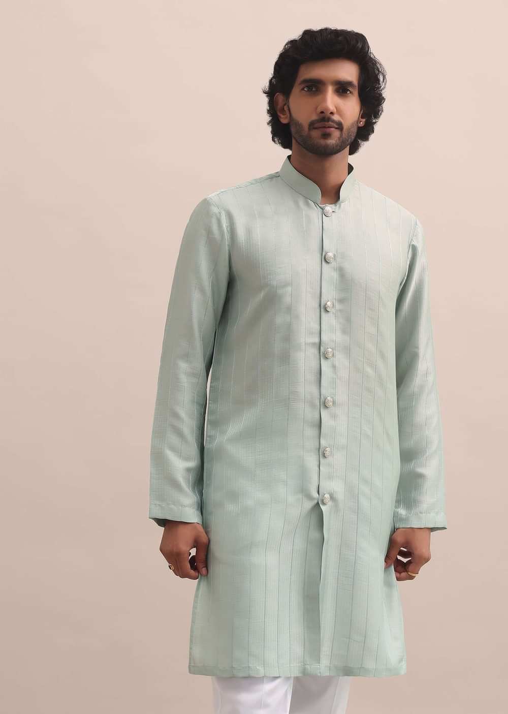 Pista Green Moti Embroidered Indowestern For Men