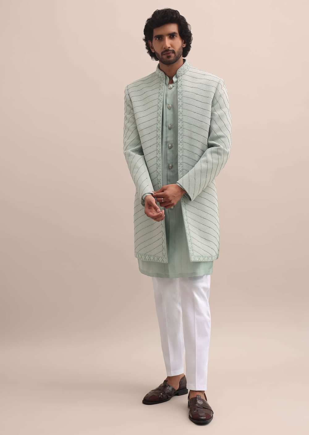 Pista Green Moti Embroidered Indowestern For Men