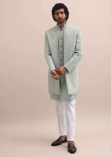 Pista Green Moti Embroidered Indowestern For Men