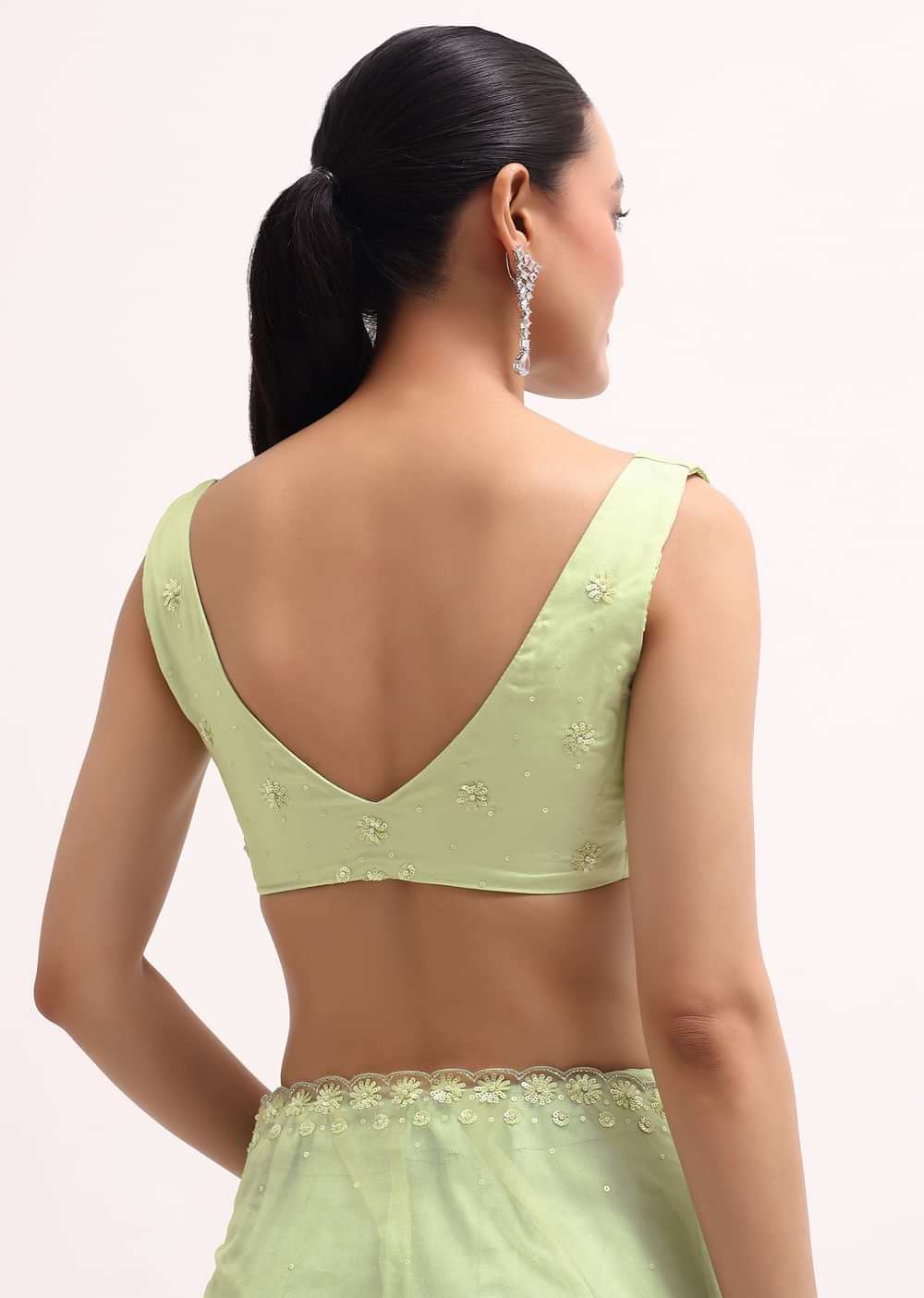 Pista Green Organza Saree In Sequins With Unstitched Blouse