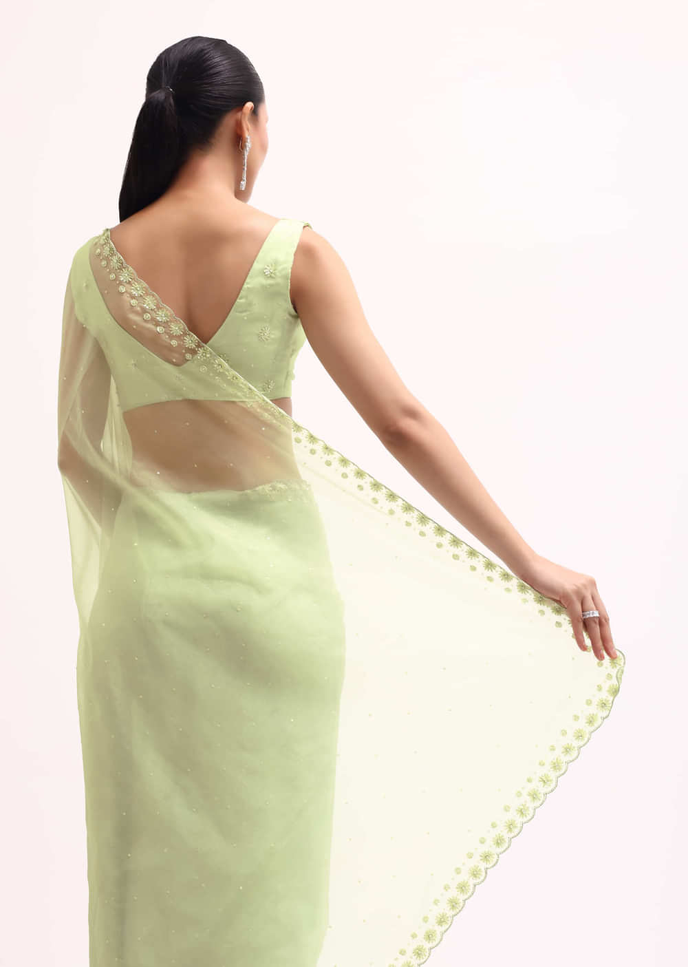 Pista Green Organza Saree In Sequins With Unstitched Blouse