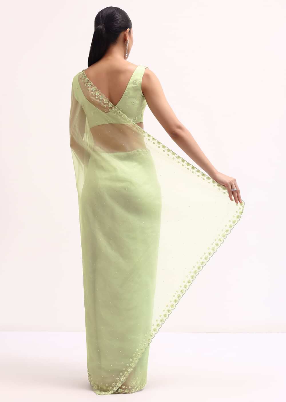 Pista Green Organza Saree In Sequins With Unstitched Blouse