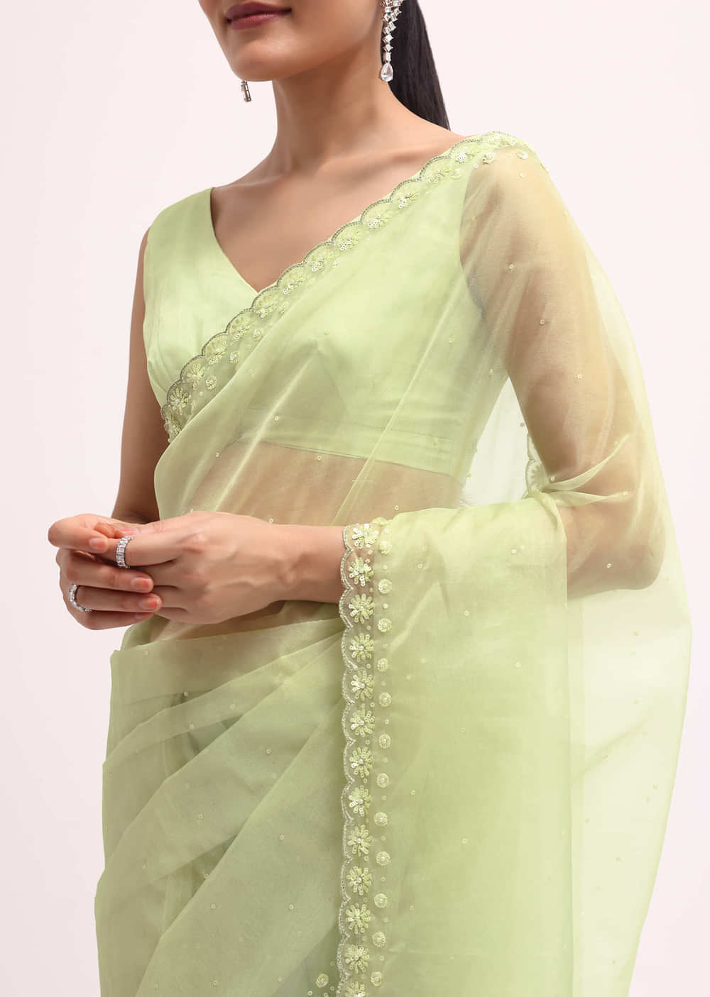 Pista Green Organza Saree In Sequins With Unstitched Blouse