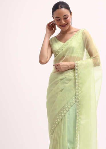Pista Green Organza Saree In Sequins With Unstitched Blouse