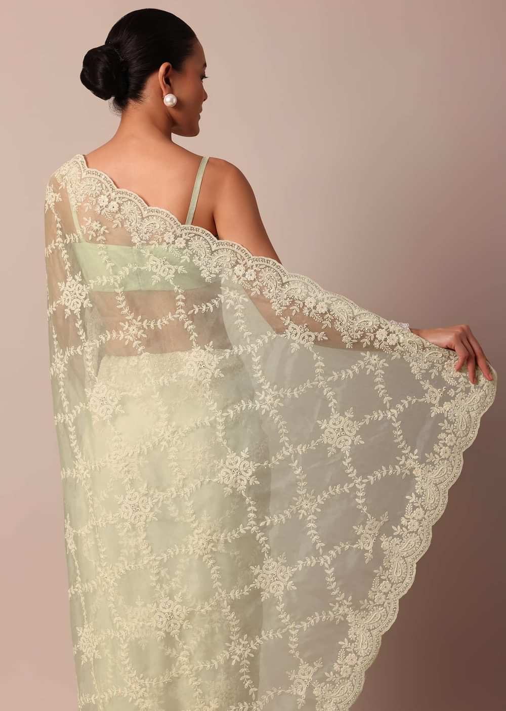 Pista Green Organza Silk Chikankari Saree With Floral Thread Jaal Work And Unstitched Blouse Fabric