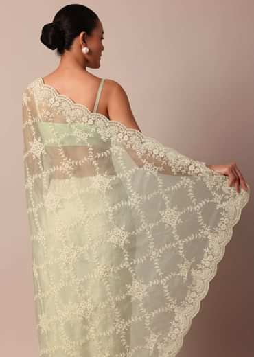 Pista Green Organza Silk Chikankari Saree With Floral Thread Jaal Work And Unstitched Blouse Fabric