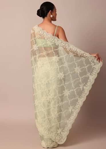 Pista Green Organza Silk Chikankari Saree With Floral Thread Jaal Work And Unstitched Blouse Fabric