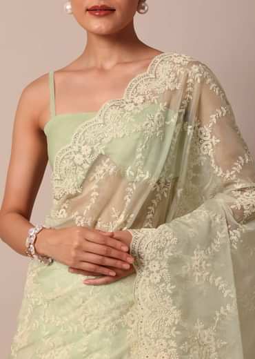 Pista Green Organza Silk Chikankari Saree With Floral Thread Jaal Work And Unstitched Blouse Fabric
