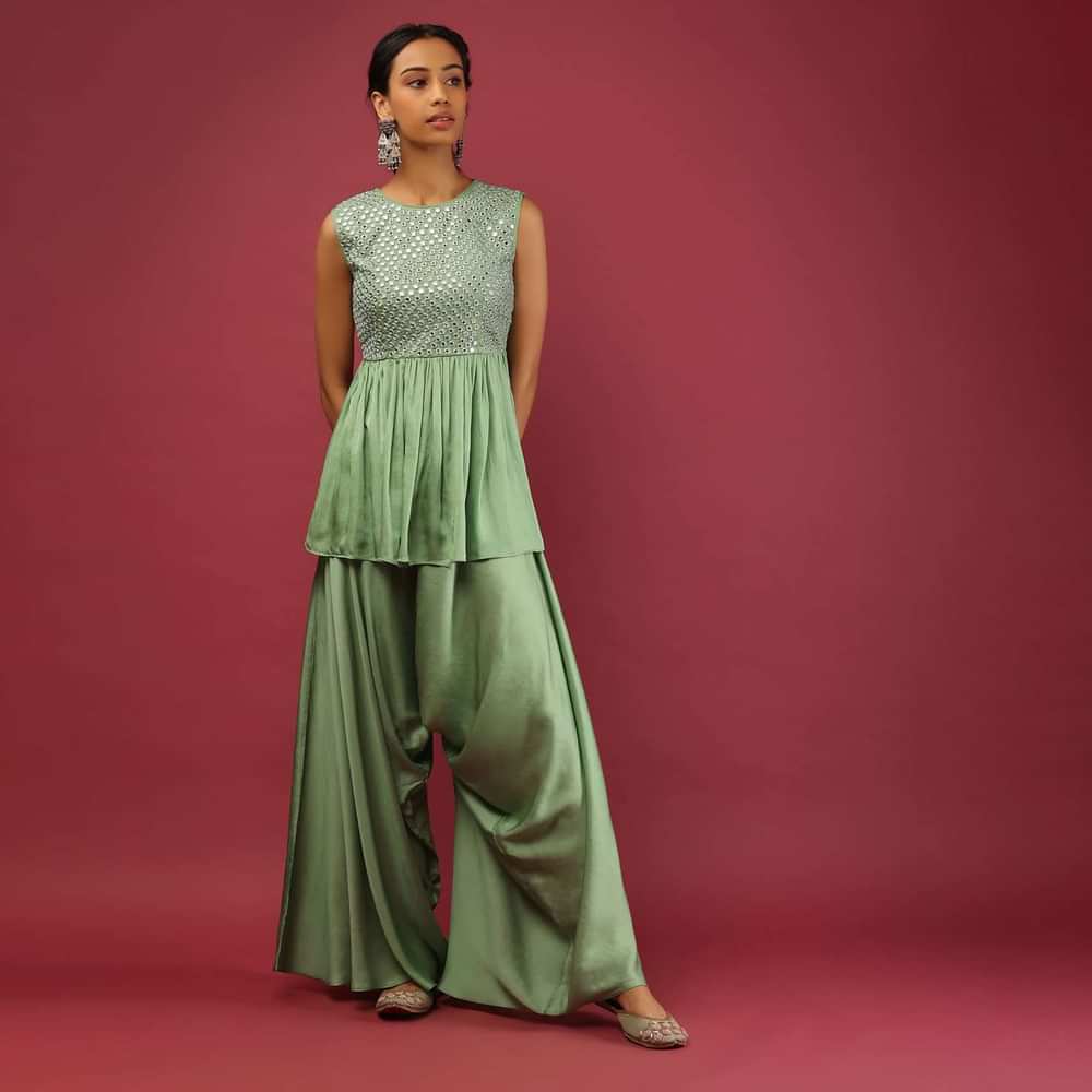 Pista Green Peplum Kurta And Cowl Dhoti Suit Set With Mirror Abla Embroidery