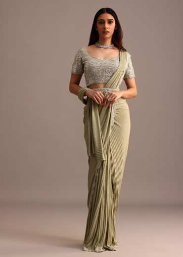 Pista Green Pre Draped Saree With Embroidered Blouse And Belt