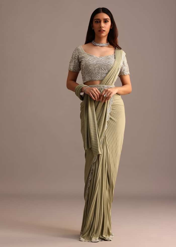 Pista Green Pre Draped Saree With Embroidered Blouse And Belt