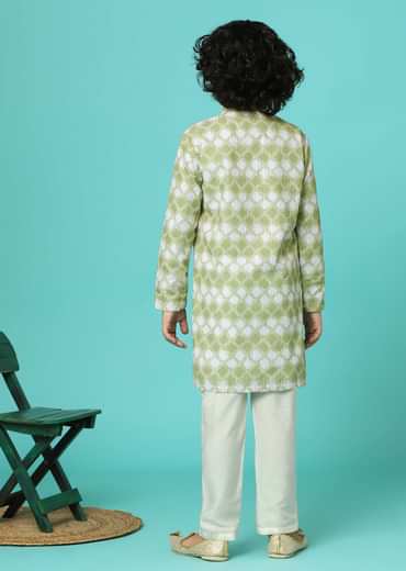 Pista Green Printed Silk Kurta And Pant Set