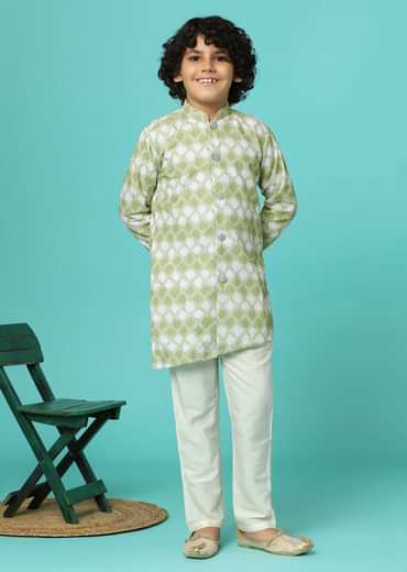 Pista Green Printed Silk Kurta And Pant Set