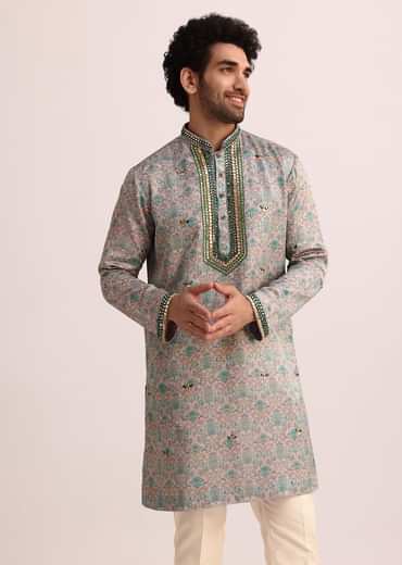 Pista Green Printed Kurta Set With Mirror Work