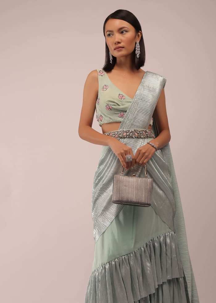 Pista Green Ready Pleated Saree With Shimmer Crepe Frill Layers And Pink Stone Studded Velvet Blouse