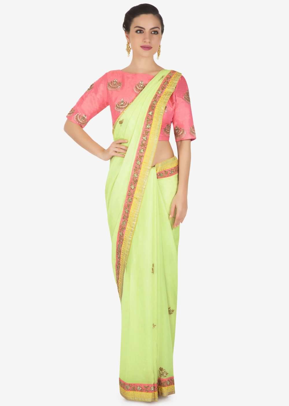 Pista green saree adorn in zardosi butti and foil printed border only on Kalki