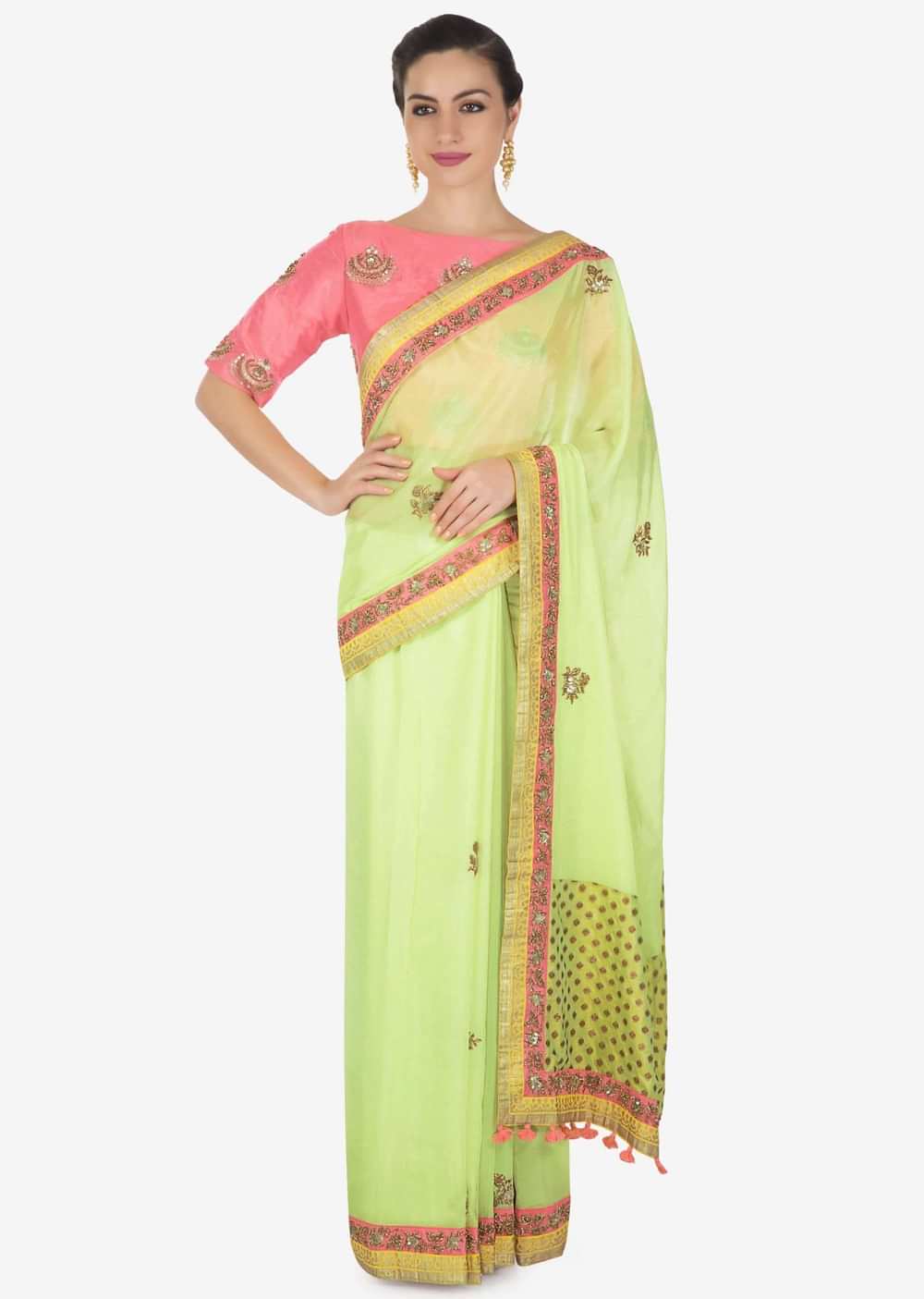 Pista green saree adorn in zardosi butti and foil printed border only on Kalki