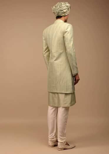 Pista Green Sherwani With Intricate Resham And Mirror Work