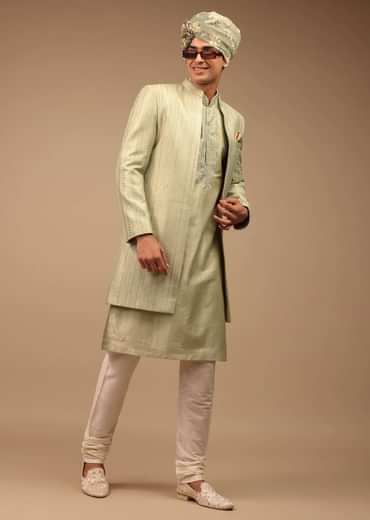 Pista Green Sherwani With Intricate Resham And Mirror Work