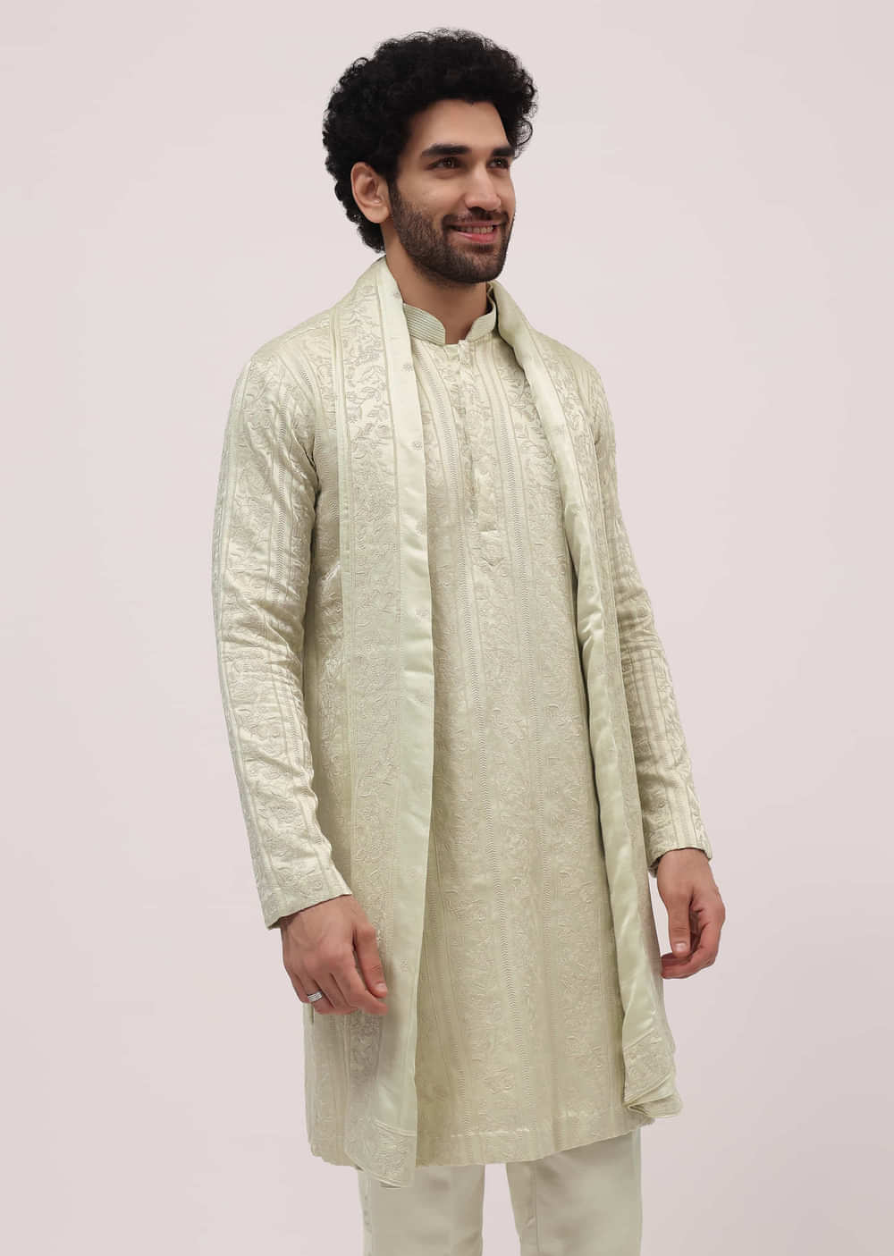 Pista Green Silk Kurta Set In Resham Work With Dupatta For Men