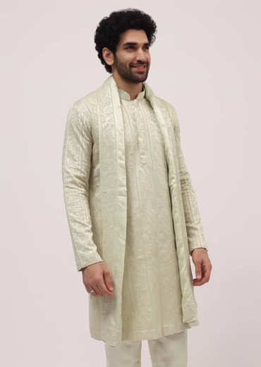 Pista Green Silk Kurta Set In Resham Work With Dupatta For Men