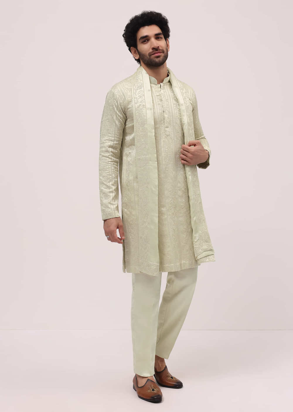 Pista Green Silk Kurta Set In Resham Work With Dupatta For Men