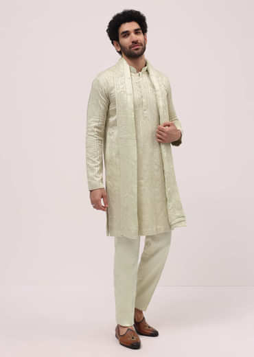 Pista Green Silk Kurta Set In Resham Work With Dupatta For Men
