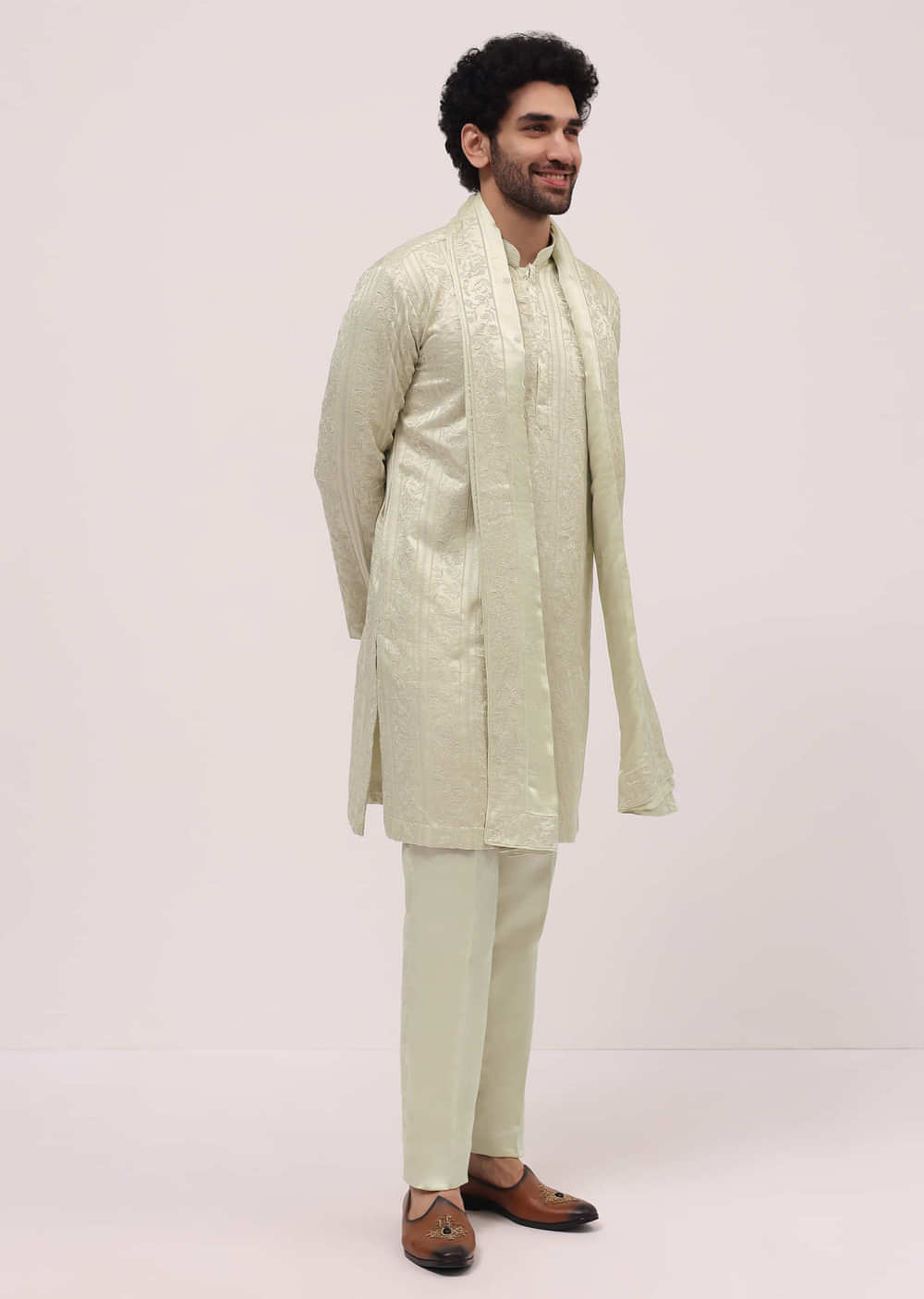 Pista Green Silk Kurta Set In Resham Work With Dupatta For Men