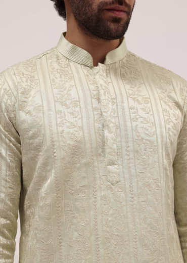 Pista Green Silk Kurta Set In Resham Work With Dupatta For Men