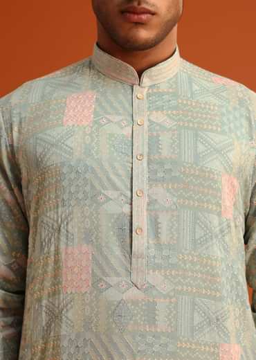 Pista Green Silk Kurta Set With Printed Detail