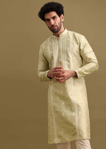 Pista Green Silk Kurta Set With Resham Work For Men