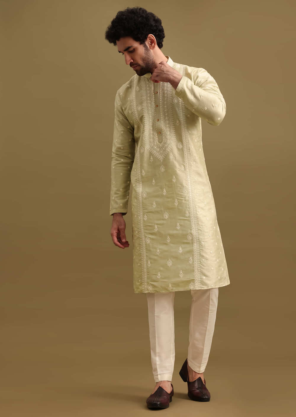 Pista Green Silk Kurta Set With Resham Work For Men