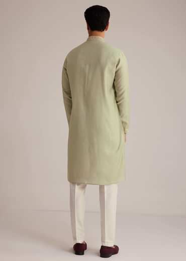 Pista Green Silk Kurta Set With Thread Embroidery