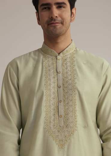 Pista Green Silk Kurta Set With Thread Embroidery
