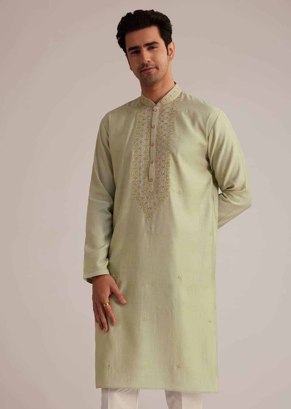 Pista Green Silk Kurta Set With Thread Embroidery