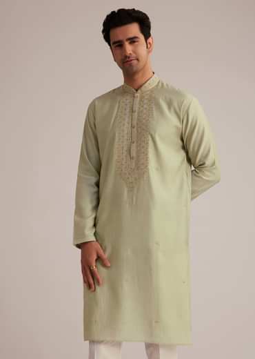 Pista Green Silk Kurta Set With Thread Embroidery