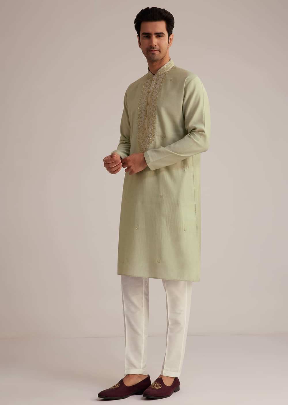 Pista Green Silk Kurta Set With Thread Embroidery
