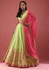 Pista Green Silk Lehenga And Blouse With Floral Print And A Well-Decorated Hem In Stone Work