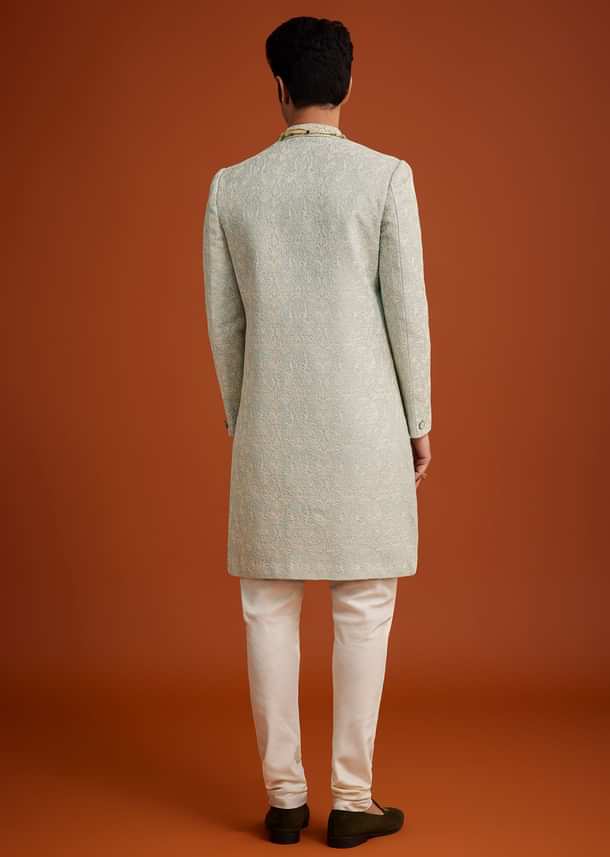 Pista Green Silk Sherwani Set With Beads Embroidery On Collar Pista Green Silk Sherwani Set With Beads Embroidery On Collar