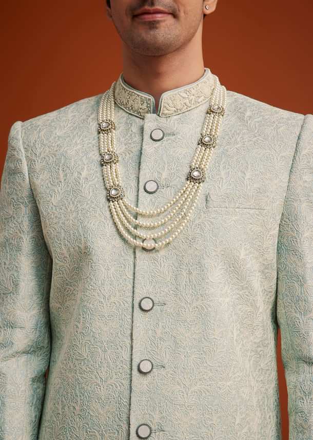 Pista Green Silk Sherwani Set With Beads Embroidery On Collar Pista Green Silk Sherwani Set With Beads Embroidery On Collar