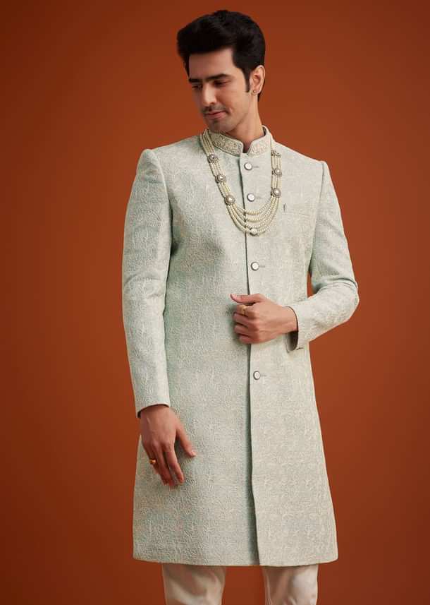 Pista Green Silk Sherwani Set With Beads Embroidery On Collar Pista Green Silk Sherwani Set With Beads Embroidery On Collar