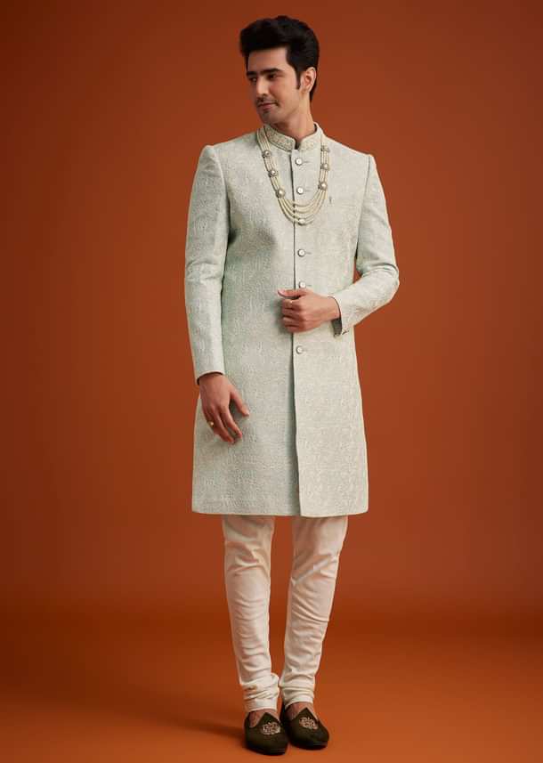 Pista Green Silk Sherwani Set With Beads Embroidery On Collar Pista Green Silk Sherwani Set With Beads Embroidery On Collar